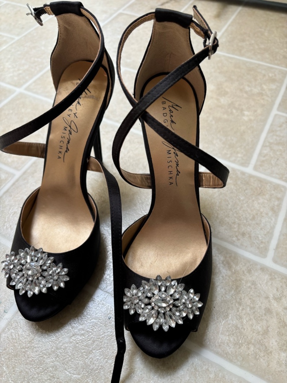 Badgley Mischka Black Satin Crystal-Embellished Strappy Heels